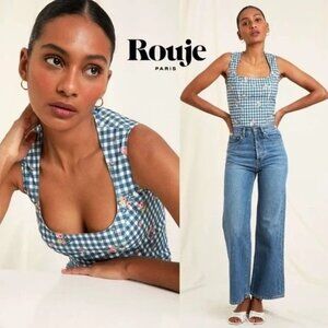 Rouje Paris Womens Blue Gingham Mathis Floral Tank Top Size 4 NEW
